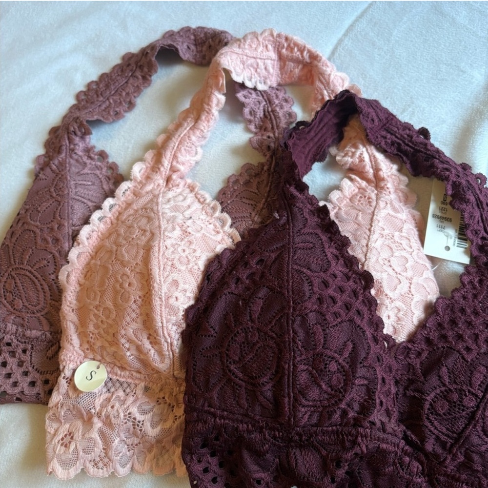 Lace Halter Bralette Set - Pink and Purple